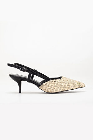 Kadın Kısa Topuklu Ayakkabı Siyah Hasır Malzeme İnce Topuk Yan Direkli