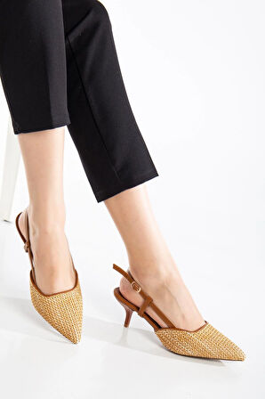 Kadın Kısa Topuklu Ayakkabı Taba Hasır Malzeme İnce Topuk Yan Direkli