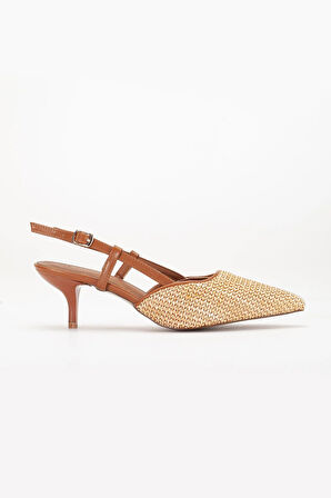 Kadın Kısa Topuklu Ayakkabı Taba Hasır Malzeme İnce Topuk Yan Direkli