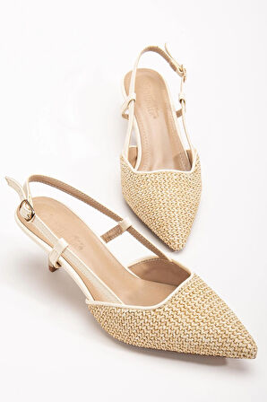Kadın Kısa Topuklu Ayakkabı Bej Hasır Malzeme İnce Topuk Yan Direkli
