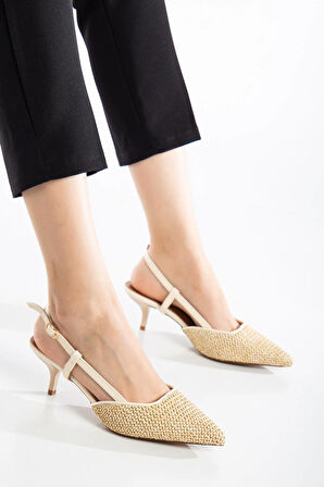 Kadın Kısa Topuklu Ayakkabı Bej Hasır Malzeme İnce Topuk Yan Direkli