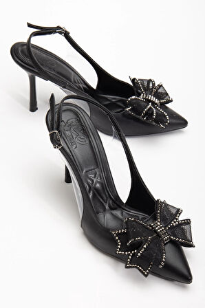 Kadın Abiye Topuklu Ayakkabı Siyah Yan şeffaf Taşlı Fiyonklu