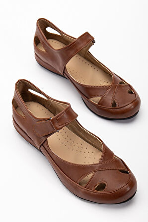 Kadın Günlük Ortopedik Ayakkabı Taba Büyük Numara Kafes Model Bantlı