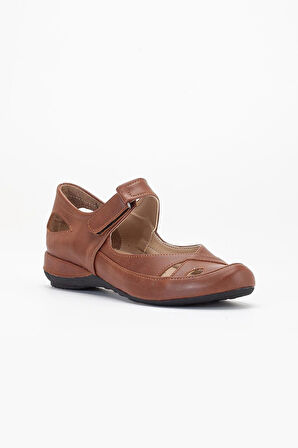 Kadın Günlük Ortopedik Ayakkabı Taba Büyük Numara Kafes Model Bantlı