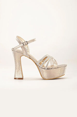 Çapraz Taşlı 40mm Gold Kadın Platform Topuklu Abiye Ayakkabı
