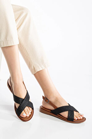 Kadın Düz Topuklu Sandalet Siyah Hasır Çapraz Bantlı