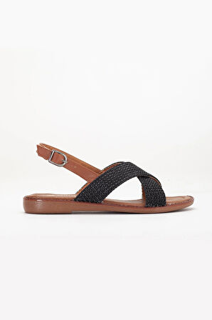 Kadın Düz Topuklu Sandalet Siyah Hasır Çapraz Bantlı