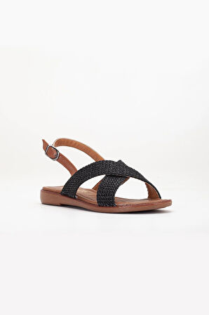 Kadın Düz Topuklu Sandalet Siyah Hasır Çapraz Bantlı