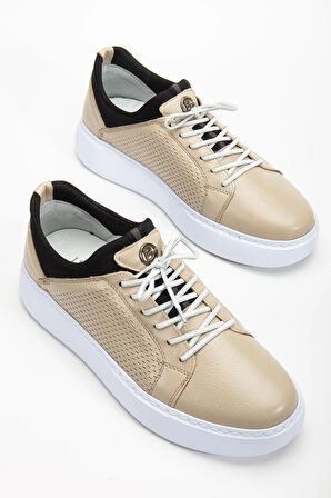 Hakiki Deri Erkek Günlük Ayakkabı Bej Streç ve Elastik Bağcıklı Eva Taban