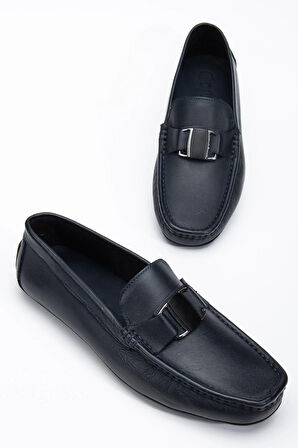 Hakiki Deri Erkek Günlük Loafer Ayakkabı Lacivert Metal Tokalı