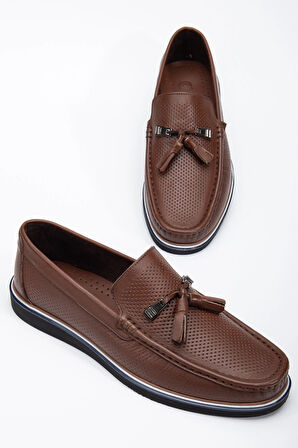 Hakiki Deri Erkek Günlük Loafer Ayakkabı Kahverengi Püsküllü Eva Taban Baskılı