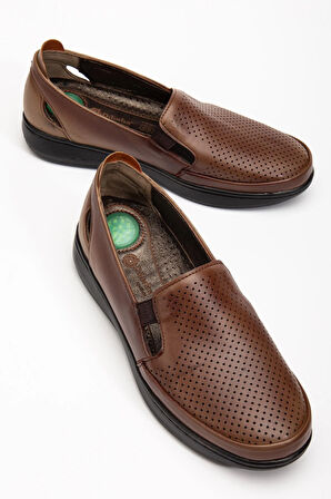 Hakiki Deri Büyük Numara Ortopedik Kadın GÜnlük Ayakkabı Vizon Lazer Baskılı Yan Pencereli