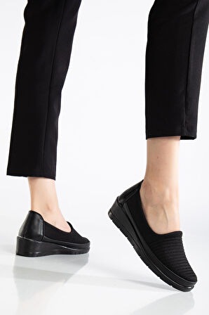 Hakiki Deri Büyük Beden Kadın Ortopedik Günlük Ayakkabı Siyah Streç Nakış Detaylı