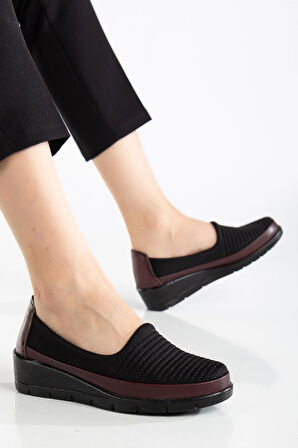 Hakiki Deri Büyük Beden Kadın Ortopedik Günlük Ayakkabı Bordo Streç Nakış Detaylı