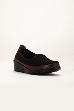 Hakiki Deri Büyük Beden Kadın Ortopedik Günlük Ayakkabı Bordo Streç Nakış Detaylı