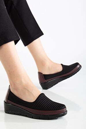 Hakiki Deri Büyük Beden Kadın Ortopedik Günlük Ayakkabı Bordo Streç Nakış Detaylı