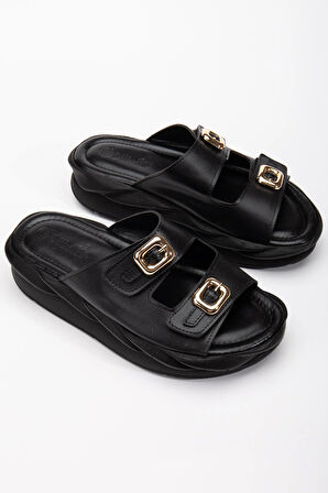 Kadın Dolgu Taban Terlik Siyah 2 Bantlı Suni Deri