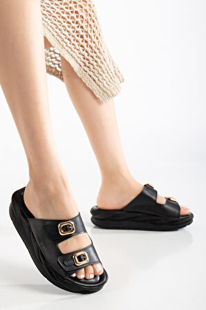 Kadın Dolgu Taban Terlik Siyah 2 Bantlı Suni Deri