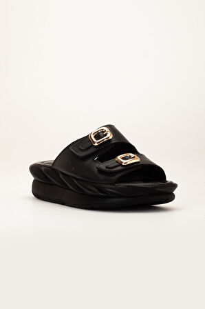 Kadın Dolgu Taban Terlik Siyah 2 Bantlı Suni Deri