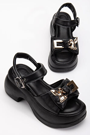 Kadın Dolgu Topuk Sandalet Siyah Baretli Tavşan Figürlü Tokalı