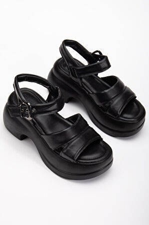 Kadın Dolgu Topuk Sandalet Siyah 2 Kalın Bantlı cilt