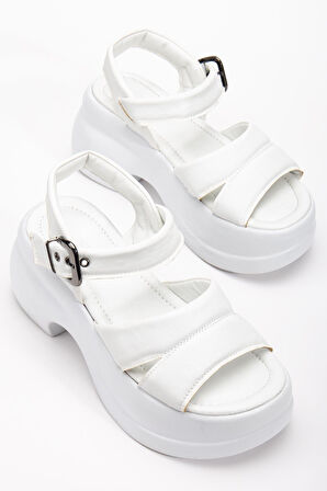 Kadın Dolgu Topuk Sandalet Beyaz 2 Kalın Bantlı cilt