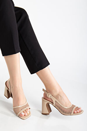 Kadın Topuklu Sandalet Ten Yan Fileli Rugan