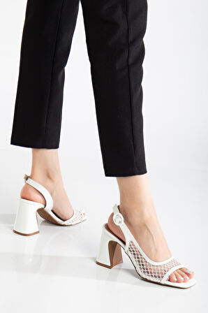 Kadın Topuklu Sandalet Beyaz Yan Fileli Rugan