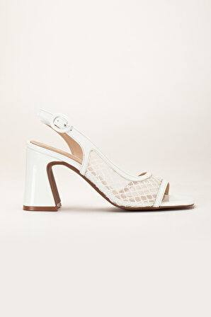 Kadın Topuklu Sandalet Beyaz Yan Fileli Rugan