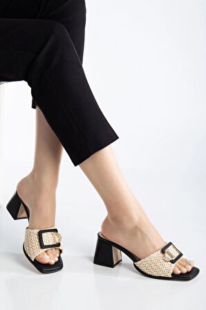 Büyük Beden Kadın Topuklu Terlik Siyah Hasır Desen Taş Tokalı