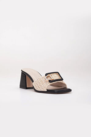 Büyük Beden Kadın Topuklu Terlik Siyah Hasır Desen Taş Tokalı