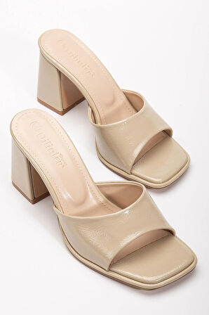 Büyük Beden Kadın Topuklu Terlik Bej Rugan İnce Bantlı