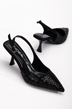 Kadın Abiye Ayakkabı Sİyah İnce Topuklu Taş Döşeme