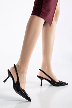 Kadın Abiye Ayakkabı Sİyah İnce Topuklu Taş Döşeme