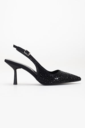 Kadın Abiye Ayakkabı Sİyah İnce Topuklu Taş Döşeme