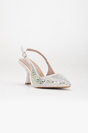 Kadın Abiye Ayakkabı Ten İnce Topuklu Taş Döşeme