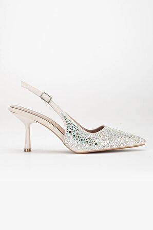 Kadın Abiye Ayakkabı Ten İnce Topuklu Taş Döşeme