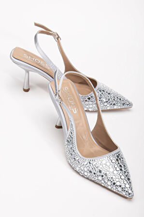 Kadın Abiye Ayakkabı Gümüş İnce Topuklu Taş Döşeme