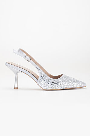 Kadın Abiye Ayakkabı Gümüş İnce Topuklu Taş Döşeme