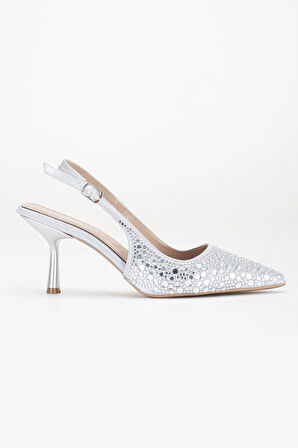 Kadın Abiye Ayakkabı Gümüş İnce Topuklu Taş Döşeme