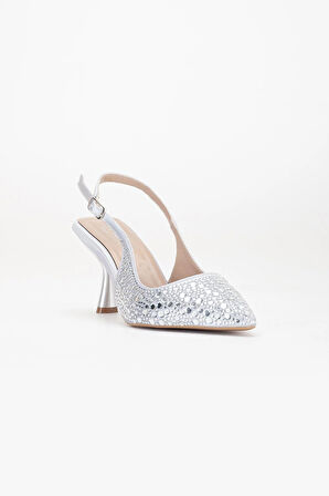 Kadın Abiye Ayakkabı Gümüş İnce Topuklu Taş Döşeme