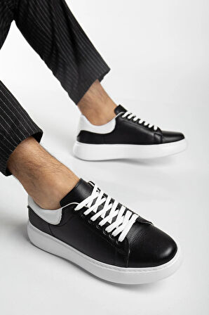 Hakiki Deri Erkek Günlük Ayakkabı Siyah Kalın Taban Bağcıklı