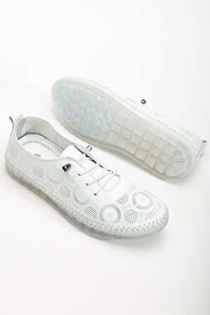 Hakiki Deri Kadın Günlük Ayakkabı Beyaz Lazer Baskılı Elastik Bağcıklı Jel Taban