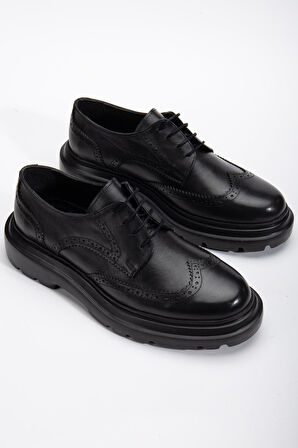 Hakiki Deri Erkek Klasik Ayakkabı Siyah Kalın Taban Bağlı