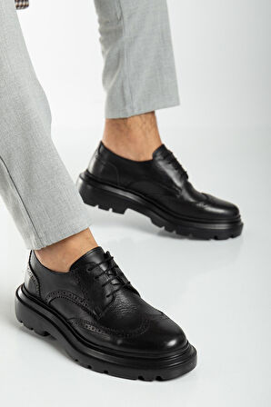 Hakiki Deri Erkek Klasik Ayakkabı Siyah Kalın Taban Bağlı