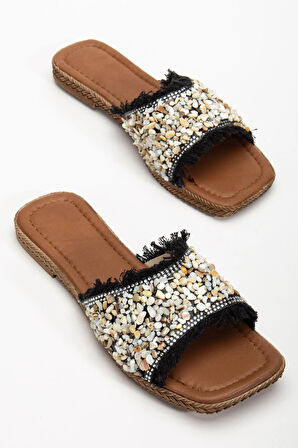 Kadın Düz Topuklu Terlik Siyah Taşlı Püsküllü Kalın Tekbant