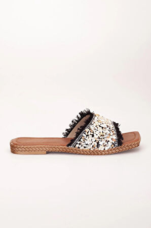 Kadın Düz Topuklu Terlik Siyah Taşlı Püsküllü Kalın Tekbant