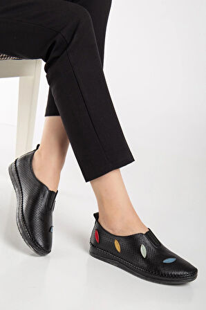 Hakiki Deri Ortopedik Kadın Günlük Ayakkabı Siyah Lazer Yaprak Desenli