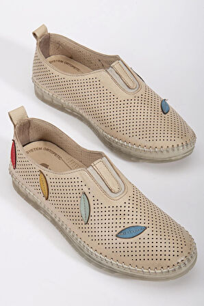 Hakiki Deri Ortopedik Kadın Günlük Ayakkabı Bej Lazer Yaprak Desenli