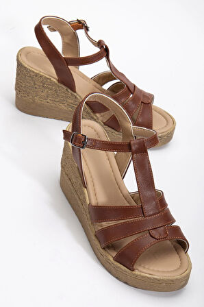 Kadın Dolgu Topuk Sandalet Ayakkabı Taba 3 Bantlı Baretli